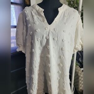 Ruffle Short Puff Sleeve Swiss Dot Top Blouse Large